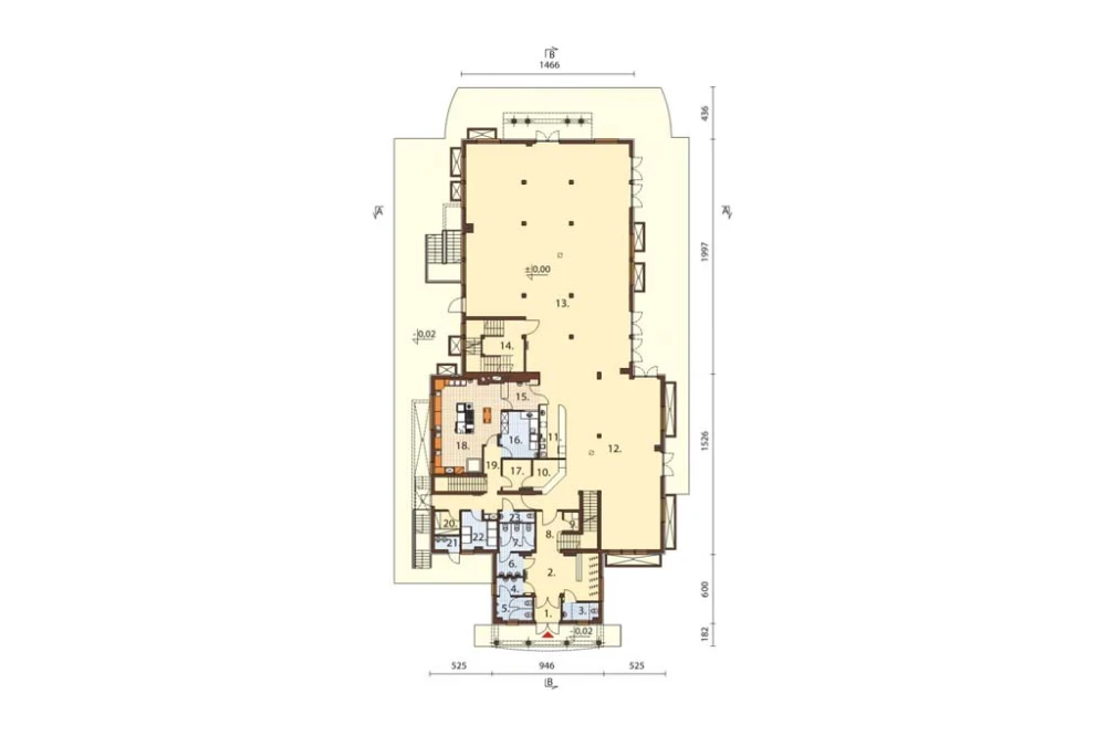 Projekt restauracji z motelem LK-12 C, dwupiętrowy z poddaszem użytkowym, podpiwniczony - rzut parteru