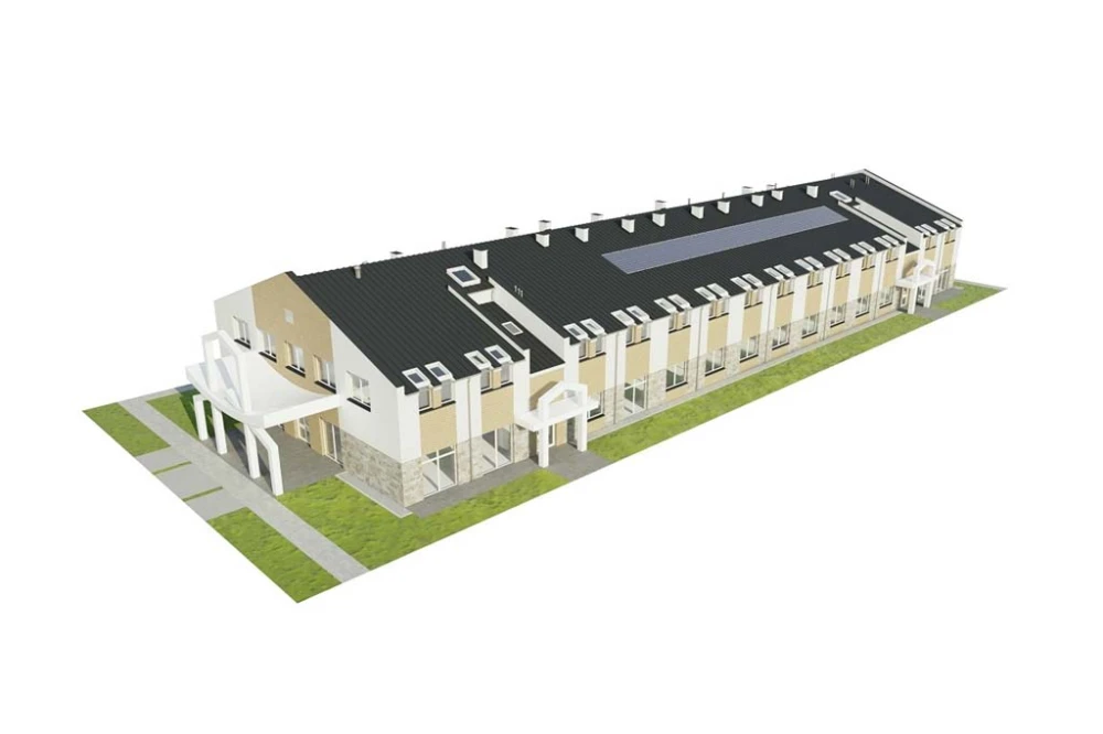 Projekt zakładu opiekuńczo - leczniczego LK-136, parterowy z poddaszem użytkowym, bez garażu, piwnicy, przystosowany dla osób niepełnosprawnych - model