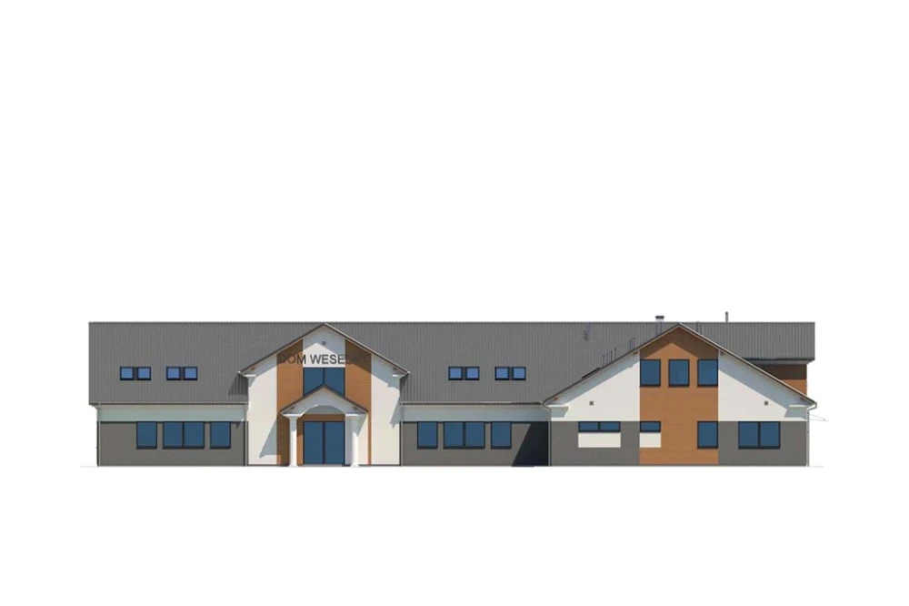 Projekt budynku gastronomicznego z zapleczem noclegowym LK-17 B, budynek parterowy z poddaszem użytkowym, bez podpiwniczenia - elewacja frontowa