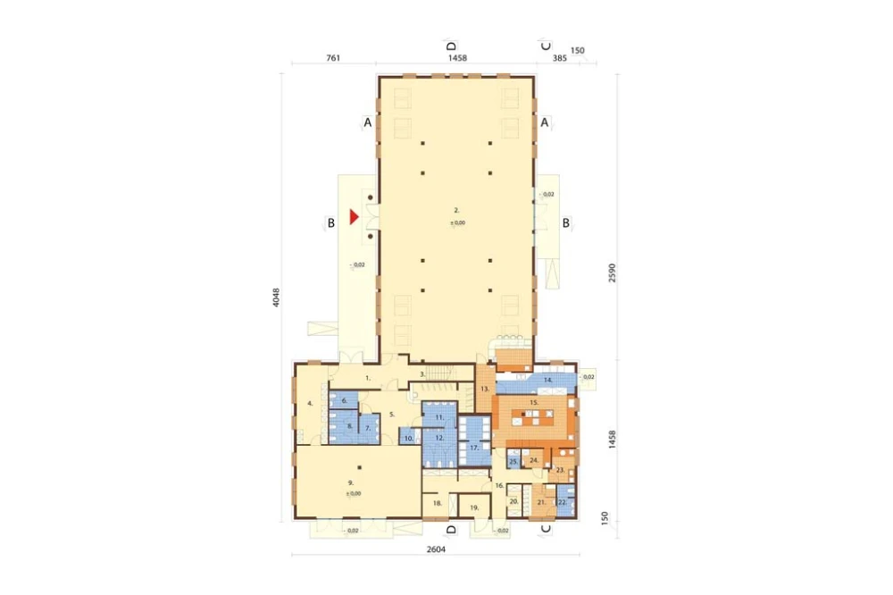 Projekt budynku gastronomicznego z zapleczem noclegowym LK-17 B, budynek parterowy z poddaszem użytkowym, bez podpiwniczenia - rzut parteru