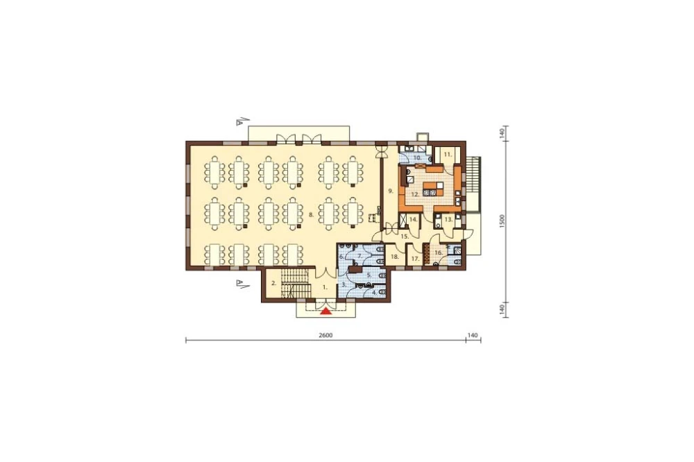 Projekt restauracji K-18, budynek parterowy z poddaszem użytkowym, częściowo podpiwniczony - rzut parteru
