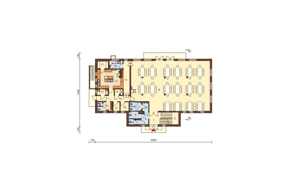 Projekt restauracji LK-18, budynek parterowy z poddaszem użytkowym, częściowo podpiwniczony - rzut parteru