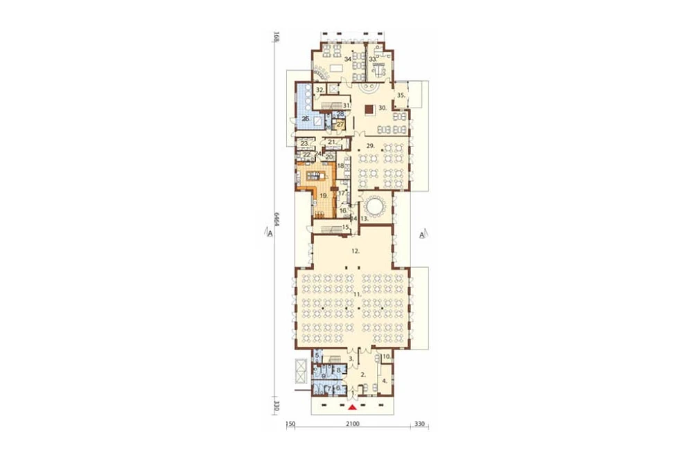 Projekt hotelu K-21, budynek piętrowy z poddaszem użytkowym, bez podpiwniczenia - rzut parteru