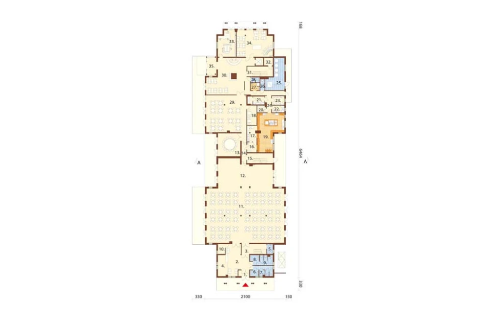Projekt hotelu LK-21, budynek piętrowy z poddaszem użytkowym, bez podpiwniczenia - rzut parteru