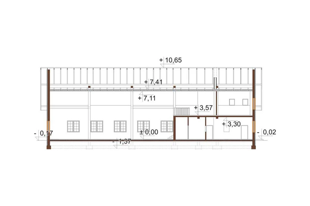 Projekt restauracji K-24 B, parterowy z antresolą, niepodpiwniczony, bez garażu - przekrój C-C