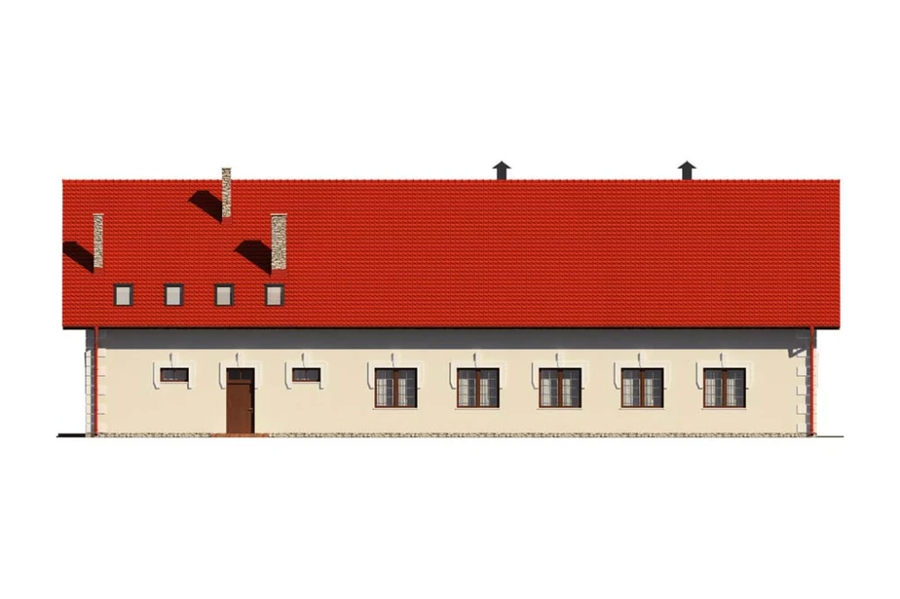 Projekt restauracji K-24 B, parterowy z antresolą, niepodpiwniczony, bez garażu - elewacja ogrodowa