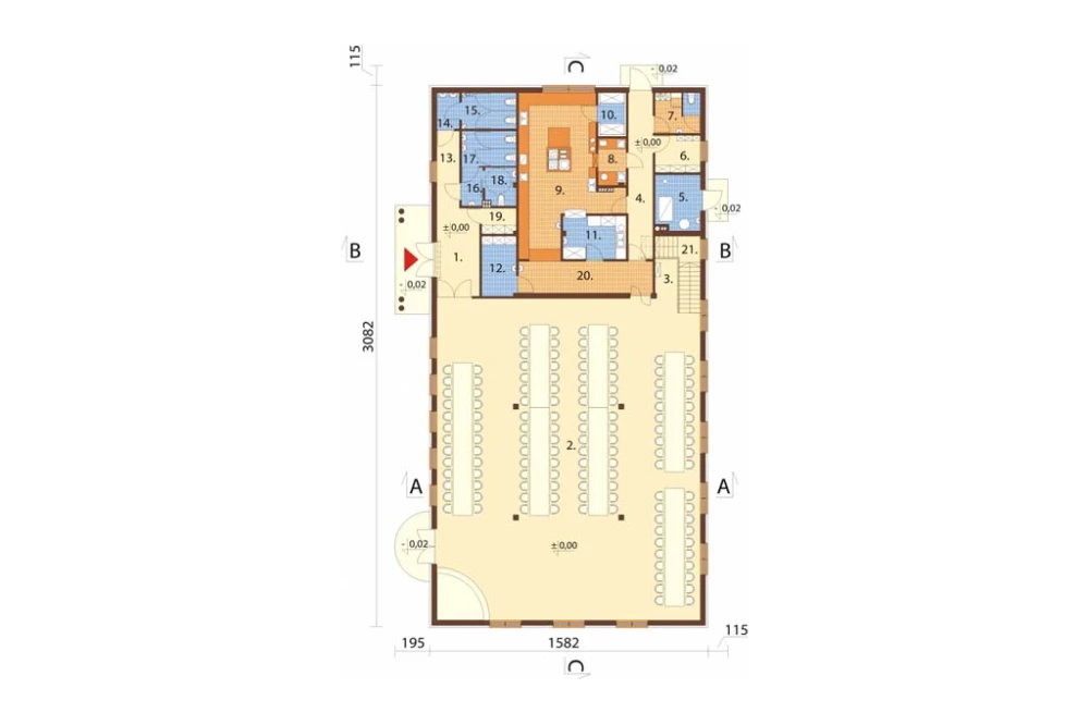 Projekt restauracji LK-24 B, parterowy z antresolą, niepodpiwniczony, bez garażu - rzut parteru