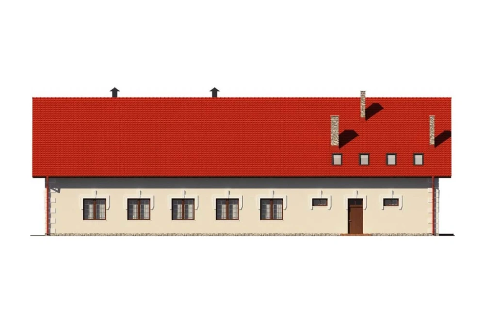Projekt restauracji LK-24 B, parterowy z antresolą, niepodpiwniczony, bez garażu - elewacja ogrodowa