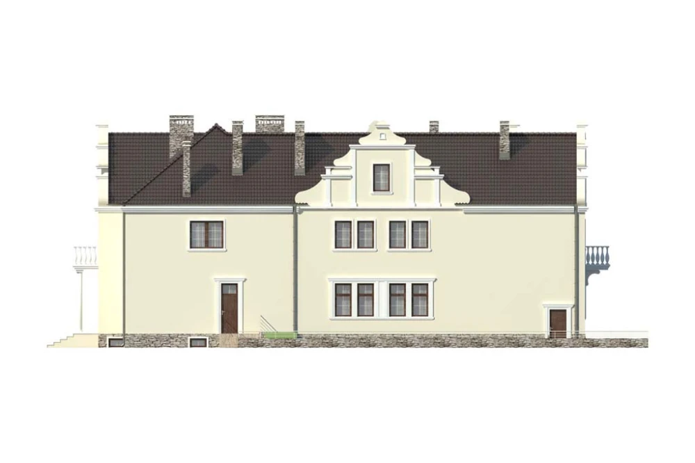 Projekt pensjonatu K-25, piętrowy, podpiwniczony, z garażem dwustanowiskowym - elewacja lewa