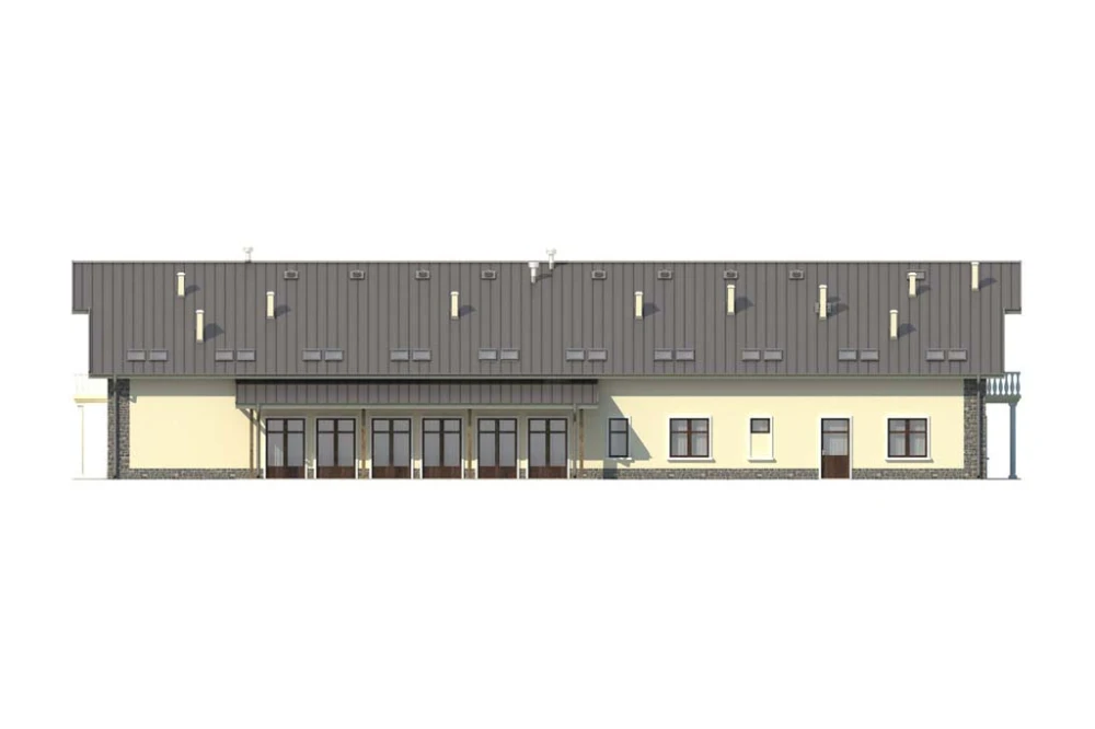 Projekt pensjonatu K-31,  parterowy z poddaszem użytkowym, bez podpiwniczenia, bez garażu - elewacja prawa
