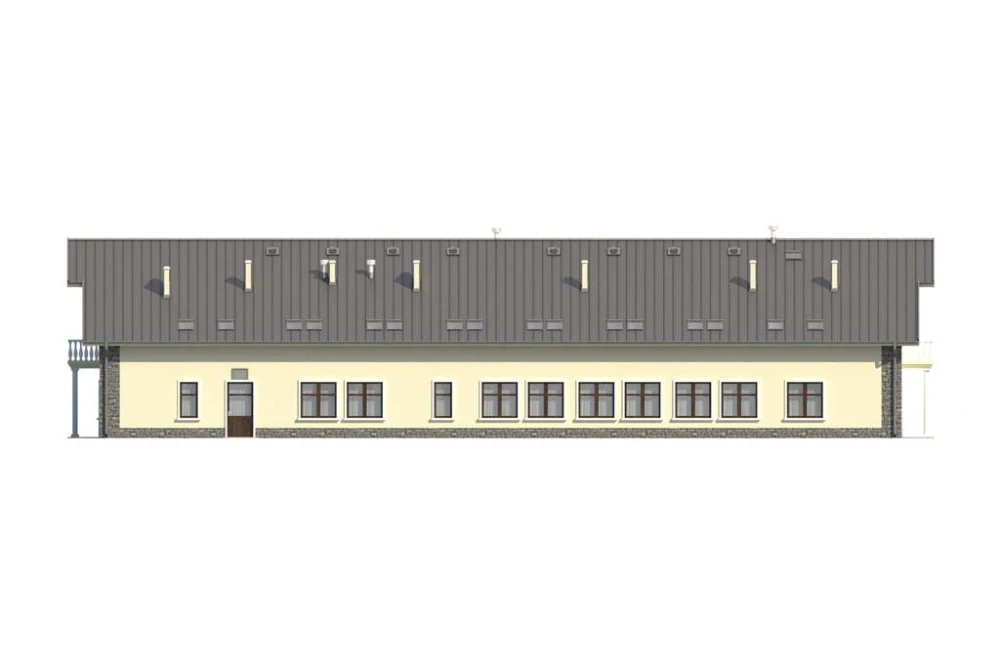 Projekt pensjonatu K-31,  parterowy z poddaszem użytkowym, bez podpiwniczenia, bez garażu - elewacja lewa