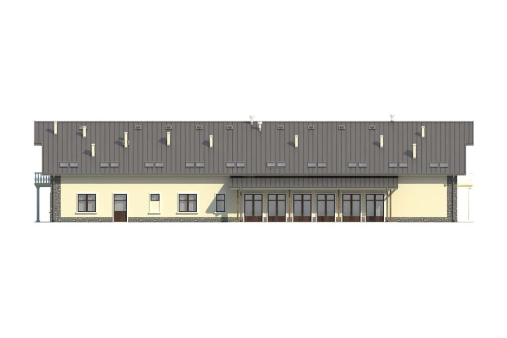 Projekt pensjonatu LK-31,  parterowy z poddaszem użytkowym, bez podpiwniczenia, bez garażu - elewacja lewa