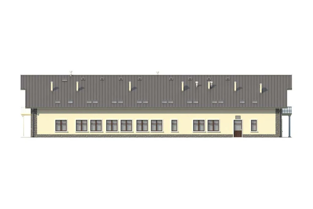 Projekt pensjonatu LK-31,  parterowy z poddaszem użytkowym, bez podpiwniczenia, bez garażu - elewacja prawa