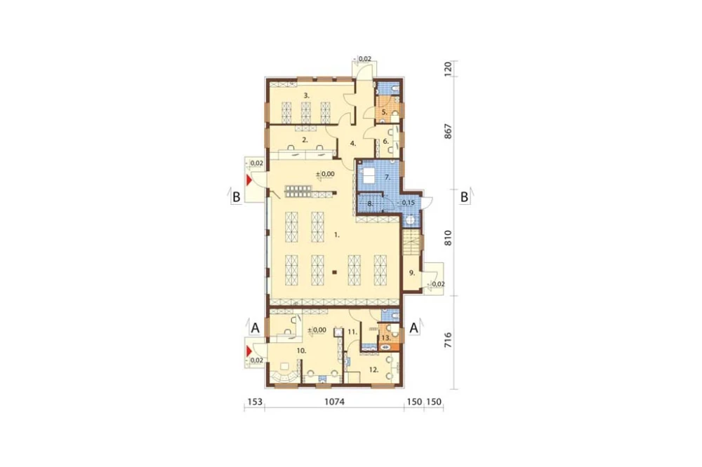 Projekt budynku usługowo - mieszkalnego K-33, piętrowy, bez podpiwniczenia, bez garażu - rzut parteru
