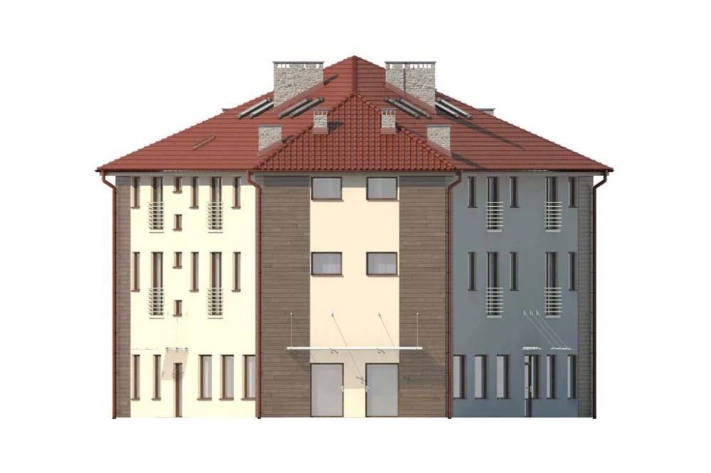 Projekt budynku usługowo - mieszkalnego K-34, dwupiętrowy z poddaszem mieszkalnym bez podpiwniczenia i bez garażu - elewacja lewa