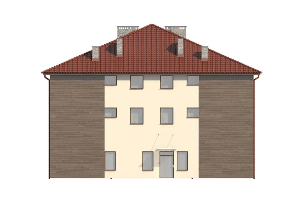 Projekt budynku usługowo - mieszkalnego K-34, dwupiętrowy z poddaszem mieszkalnym bez podpiwniczenia i bez garażu - elewacja prawa