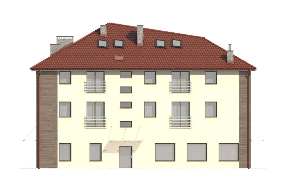 Projekt budynku usługowo - mieszkalnego K-34, dwupiętrowy z poddaszem mieszkalnym bez podpiwniczenia i bez garażu - elewacja ogrodowa