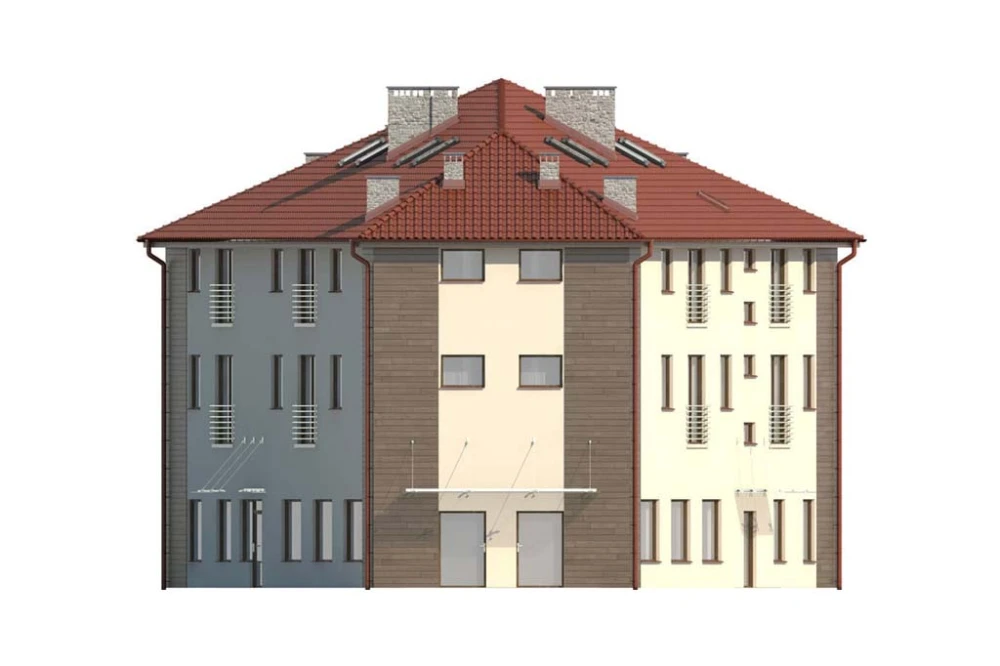 Projekt budynku usługowo - mieszkalnego LK-34, dwupiętrowy z poddaszem mieszkalnym bez podpiwniczenia i bez garażu - elewacja prawa