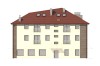 Projekt budynku usługowo - mieszkalnego LK-34, dwupiętrowy z poddaszem mieszkalnym bez podpiwniczenia i bez garażu - elewacja ogrodowa