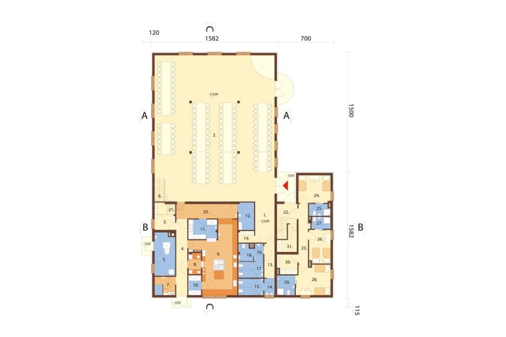 Projekt domu weselnego, restauracji z motelem K-37, parterowy z poddaszem użytkowym, bez podpiwniczenia, bez garażu - rzut parteru