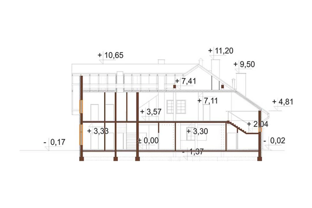 Projekt domu weselnego, restauracji z motelem K-37, parterowy z poddaszem użytkowym, bez podpiwniczenia, bez garażu - przekrój B-B