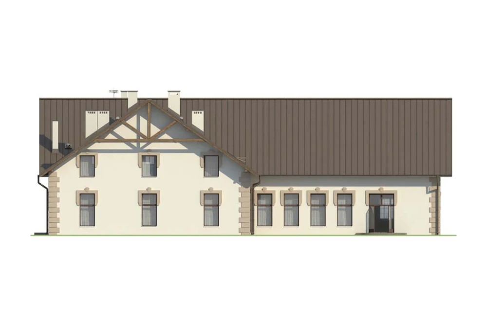 Projekt domu weselnego, restauracji z motelem K-37, parterowy z poddaszem użytkowym, bez podpiwniczenia, bez garażu - elewacja frontowa