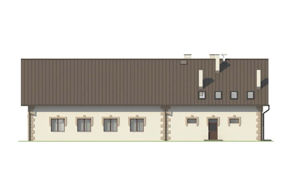 Projekt domu weselnego, restauracji z motelem K-37, parterowy z poddaszem użytkowym, bez podpiwniczenia, bez garażu - elewacja ogrodowa