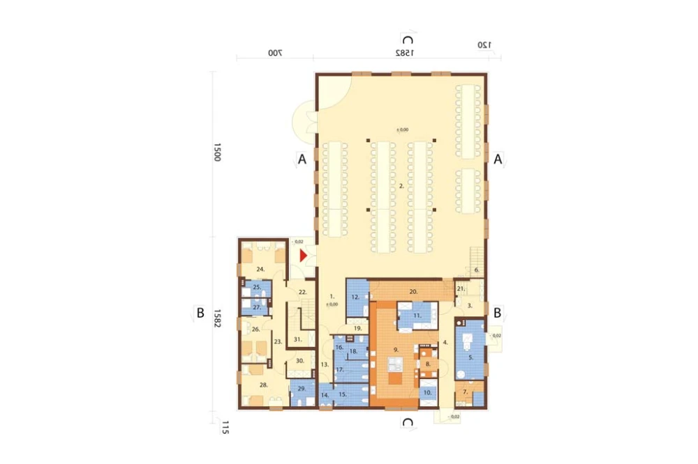 Projekt domu weselnego, restauracji z motelem LK-37, parterowy z poddaszem użytkowym, bez podpiwniczenia, bez garażu - rzut parteru