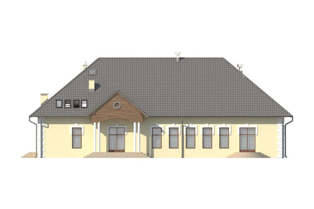 Projekt domu weselnego K-42, parterowy z antresolą, bez podpiwniczenia, bez garażu - elewacja frontowa