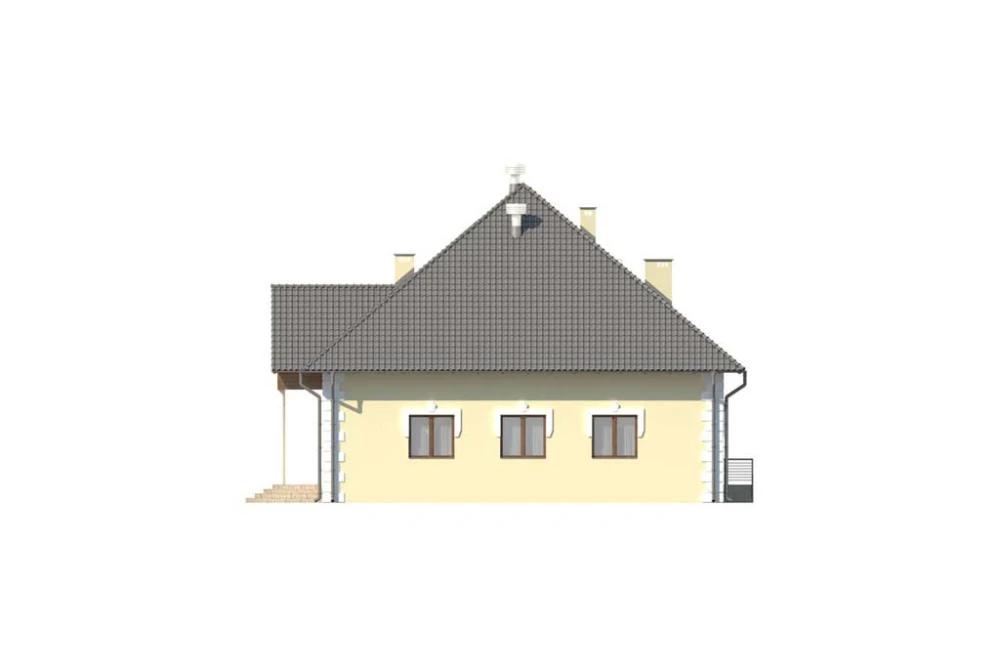 Projekt domu weselnego K-42, parterowy z antresolą, bez podpiwniczenia, bez garażu - elewacja prawa