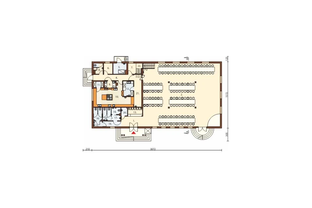 Projekt domu weselnego K-42, parterowy z antresolą, bez podpiwniczenia, bez garażu - rzut parteru