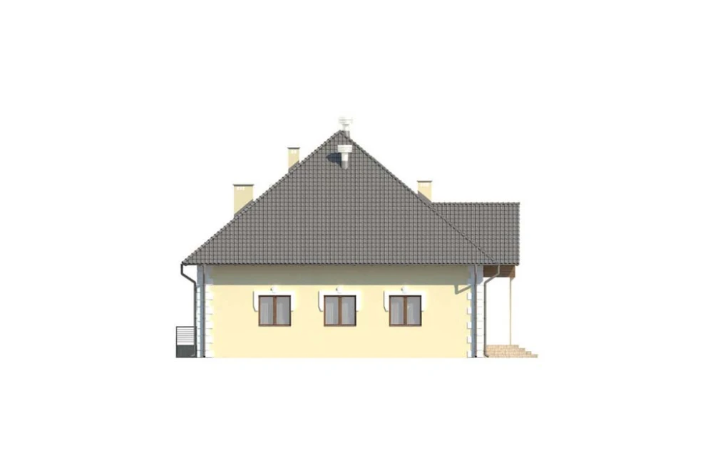 Projekt domu weselnego LK-42, parterowy z antresolą, bez podpiwniczenia, bez garażu - elewacja lewa