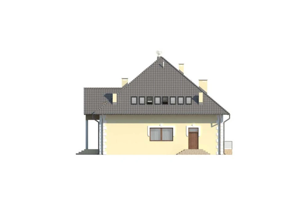 Projekt domu weselnego LK-42, parterowy z antresolą, bez podpiwniczenia, bez garażu - elewacja prawa