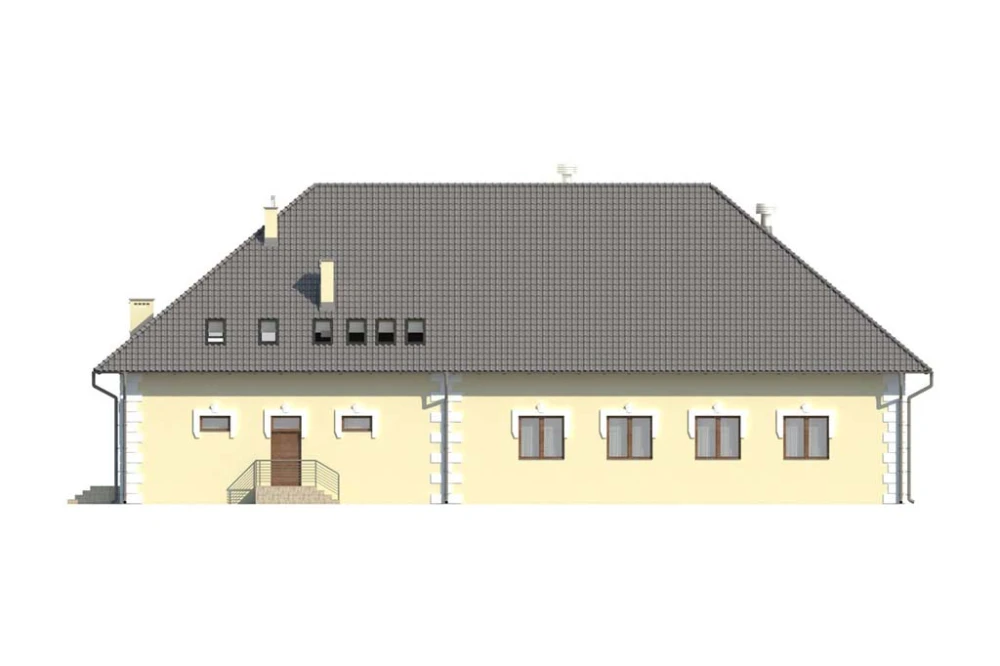 Projekt domu weselnego LK-42, parterowy z antresolą, bez podpiwniczenia, bez garażu - elewacja ogrodowa