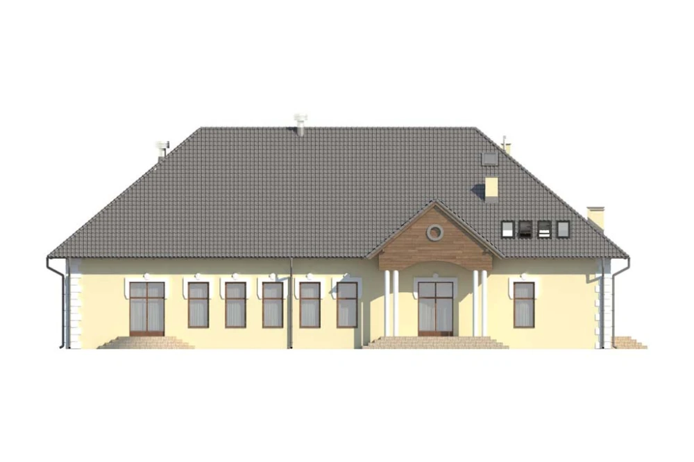 Projekt domu weselnego LK-42, parterowy z antresolą, bez podpiwniczenia, bez garażu - elewacja frontowa