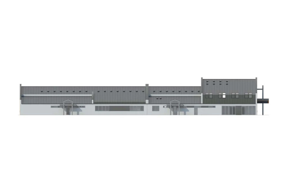 Projekt centrum biznesu K-55, budynek parterowy z poddaszem użytkowym, bez podpiwniczenia, bez garażu - elewacja lewa
