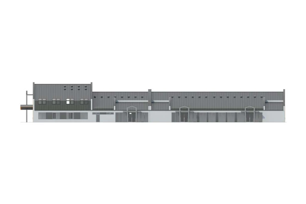 Projekt centrum biznesu K-55, budynek parterowy z poddaszem użytkowym, bez podpiwniczenia, bez garażu - elewacja prawa