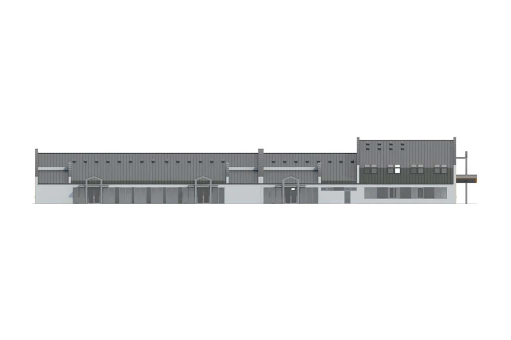 Projekt centrum biznesu LK-55, budynek parterowy z poddaszem użytkowym, bez podpiwniczenia, bez garażu - elewacja lewa