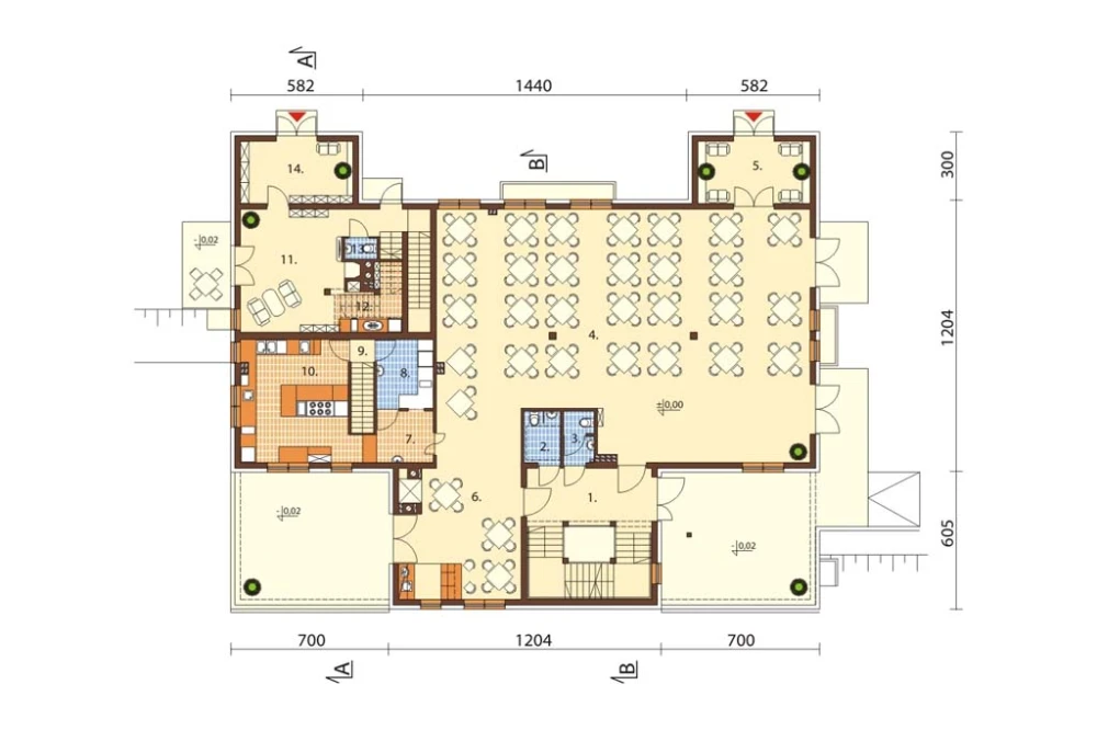 Projekt restauracji z motelem K-58, parterowy poddaszem użytkowym, podpiwniczony z dwoma garażami - rzut parteru