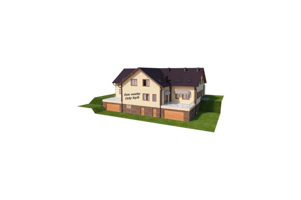 Projekt restauracji z motelem LK-58, parterowy poddaszem użytkowym, podpiwniczony z dwoma garażami - model