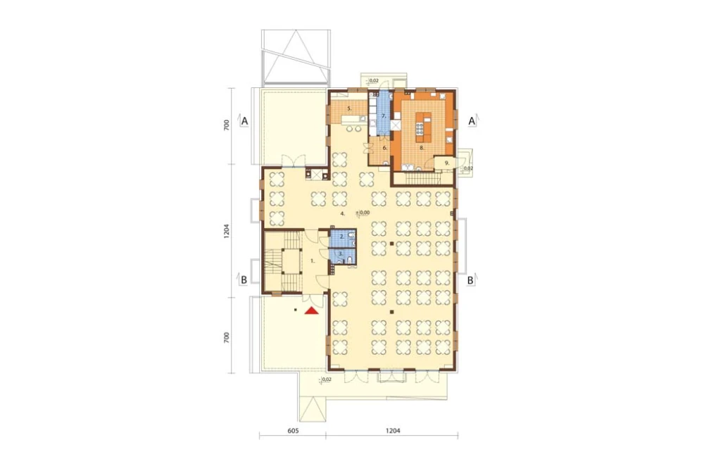 Projekt restauracji z motelem K-58 B, parterowy z poddaszem użytkowym, podpiwniczony, z garażem dwustanowiskowym - rzut parteru