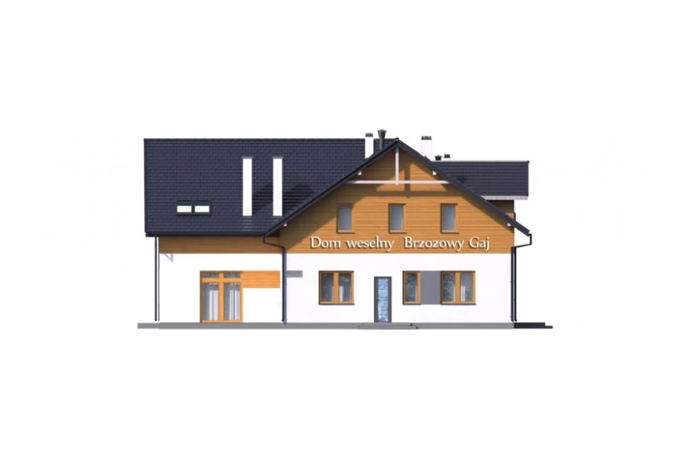 Projekt restauracji z motelem LK-58 B, parterowy z poddaszem użytkowym, podpiwniczony, z garażem dwustanowiskowym - elewacja ogrodowa