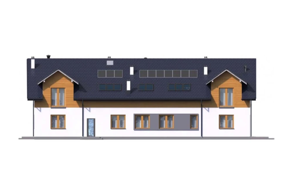 Projekt restauracji z motelem LK-58 B, parterowy z poddaszem użytkowym, podpiwniczony, z garażem dwustanowiskowym - elewacja lewa