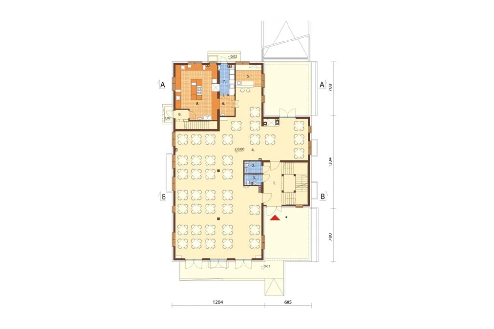 Projekt restauracji z motelem LK-58 B, parterowy z poddaszem użytkowym, podpiwniczony, z garażem dwustanowiskowym - rzut parteru
