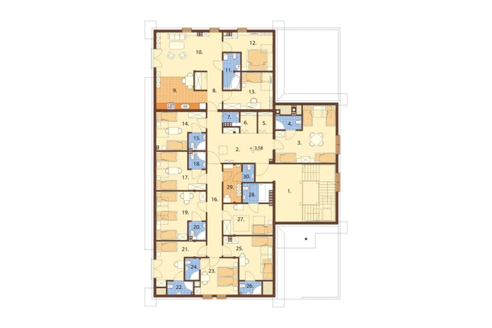 Projekt restauracji z motelem LK-58 B, parterowy z poddaszem użytkowym, podpiwniczony, z garażem dwustanowiskowym - rzut poddasza