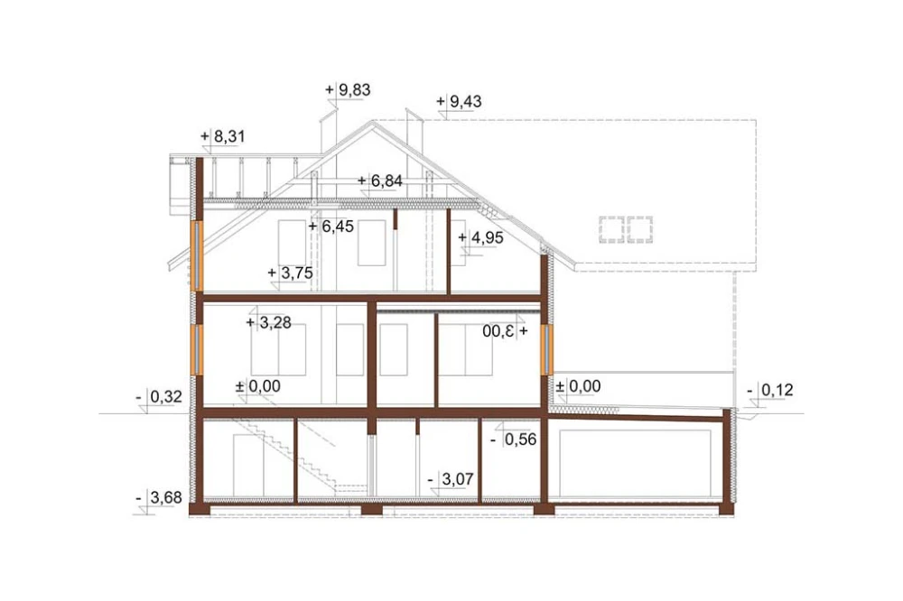 Projekt restauracji z motelem LK-58 B, parterowy z poddaszem użytkowym, podpiwniczony, z garażem dwustanowiskowym - przekrój A-A