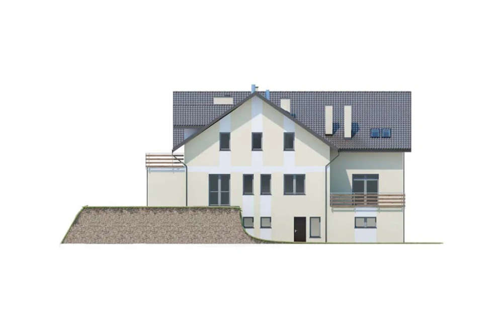 Projekt domu weselnego, restauracji z motelem K-58 C, parterowy z poddaszem użytkowym, podpiwniczony, z dwoma garażami dwustanowiskowymi - elewacja ogrodowa