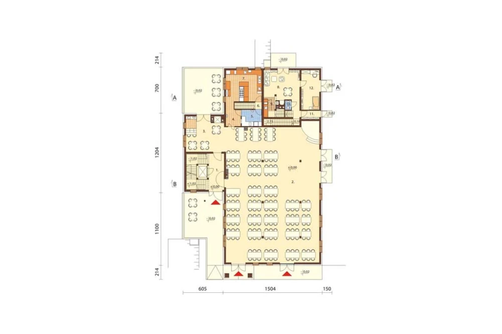 Projekt domu weselnego, restauracji z motelem K-58 C, parterowy z poddaszem użytkowym, podpiwniczony, z dwoma garażami dwustanowiskowymi - rzut parteru