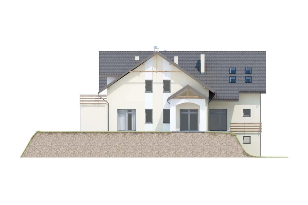 Projekt domu weselnego, restauracji z motelem LK-58 C, parterowy z poddaszem użytkowym, podpiwniczony, z dwoma garażami dwustanowiskowymi  - elewacja frontowa