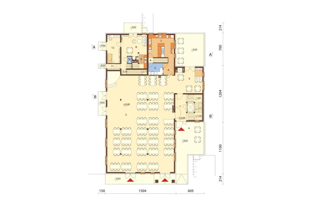 Projekt domu weselnego, restauracji z motelem LK-58 C, parterowy z poddaszem użytkowym, podpiwniczony, z dwoma garażami dwustanowiskowymi - rzut parteru